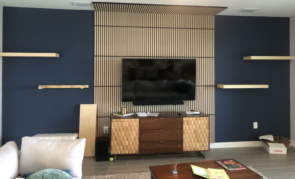 Faux Wood Slat Wall with Floating Shelves