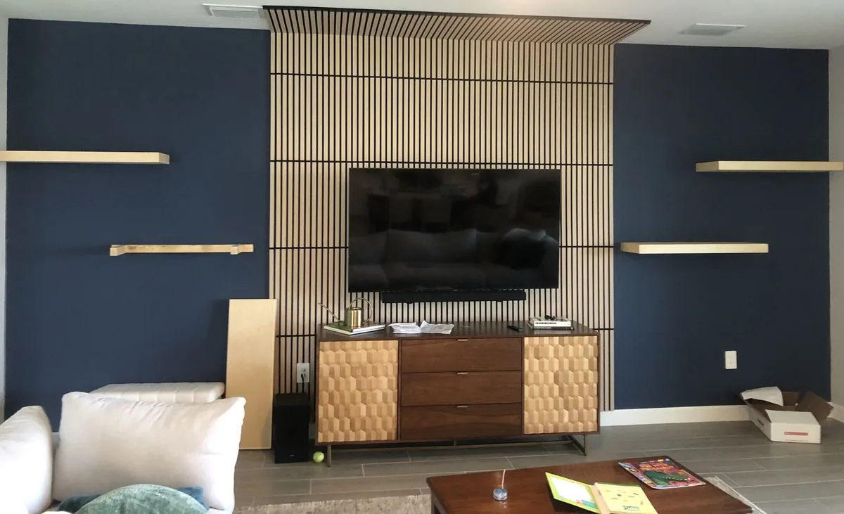 Faux Wood Slat Wall with Floating Shelves
